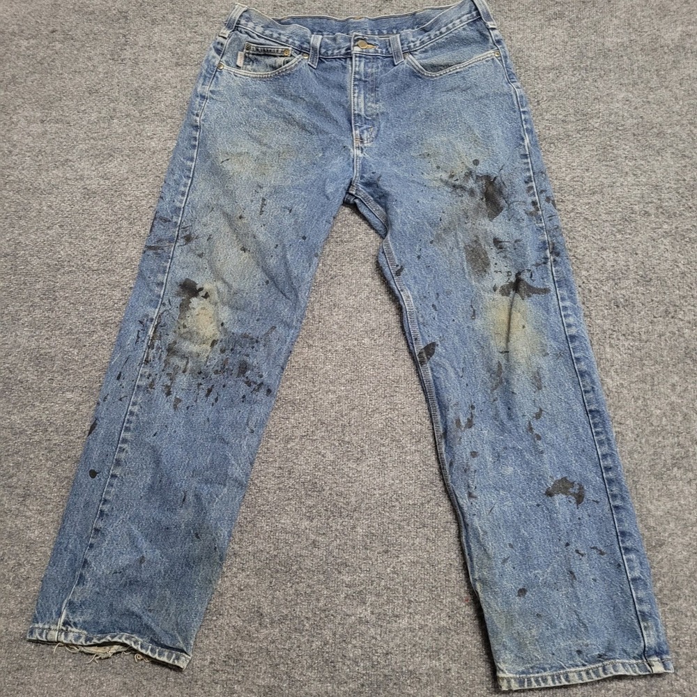 Carhartt Jeans Mens Size 34x30 Blue Distressed Paint Splatter Workwear Straight